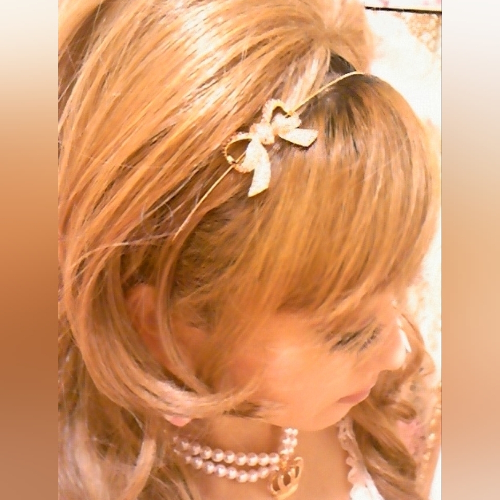 Jesus Diamante Gyaru Gold Heart And Bow Pearl And Rhinestone Headband Set - Picture 3 of 10